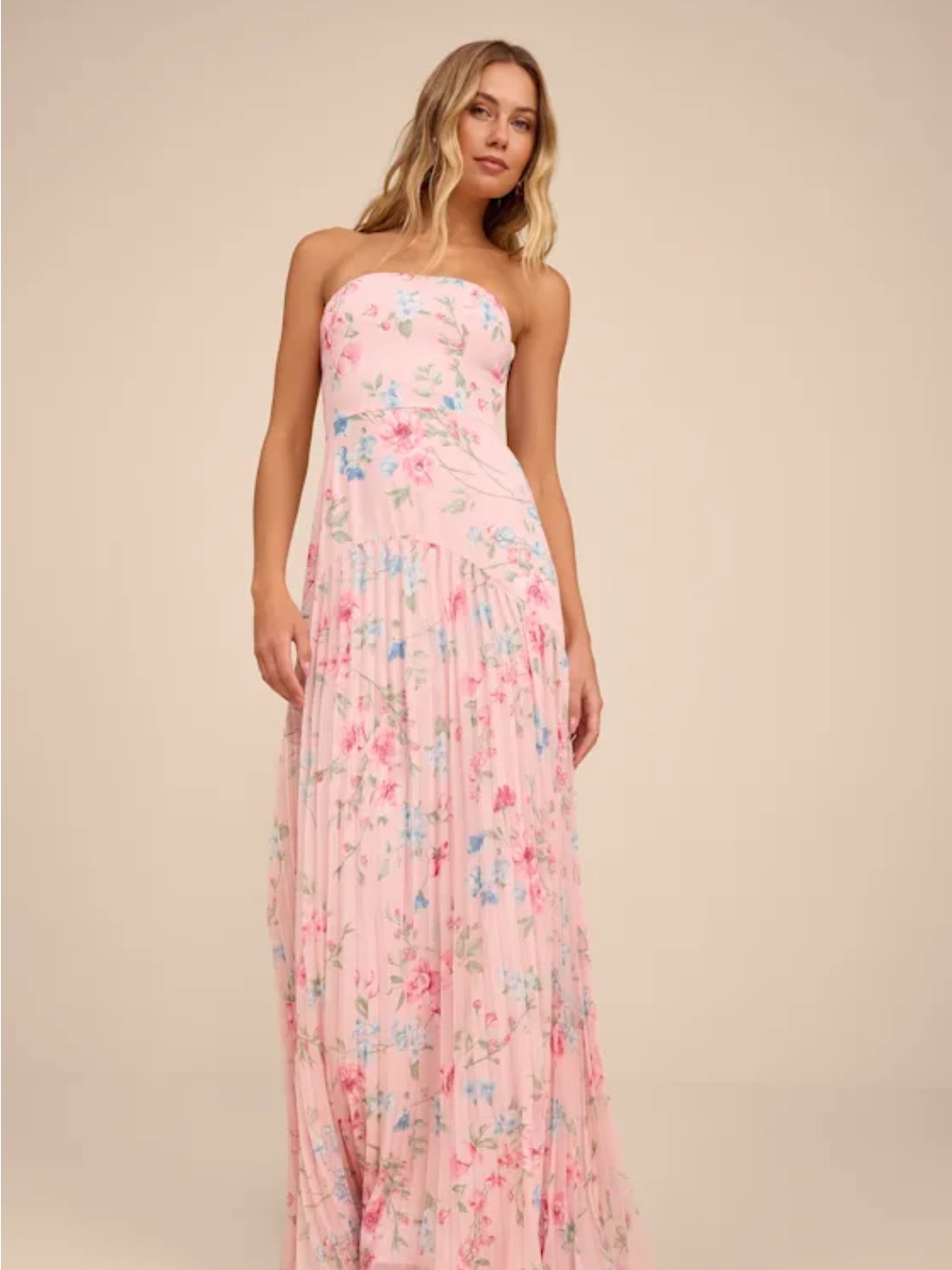 Lulu's Pink Floral Strapless Maxi Dress